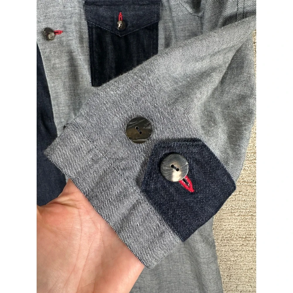 Two Tone Denim Long Coat Blue Grey Colorblock Button Up Duster Jacket